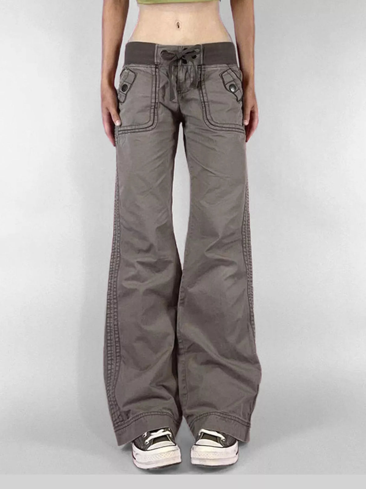 Drawstring Wide-Leg Cargo Jeans — front view