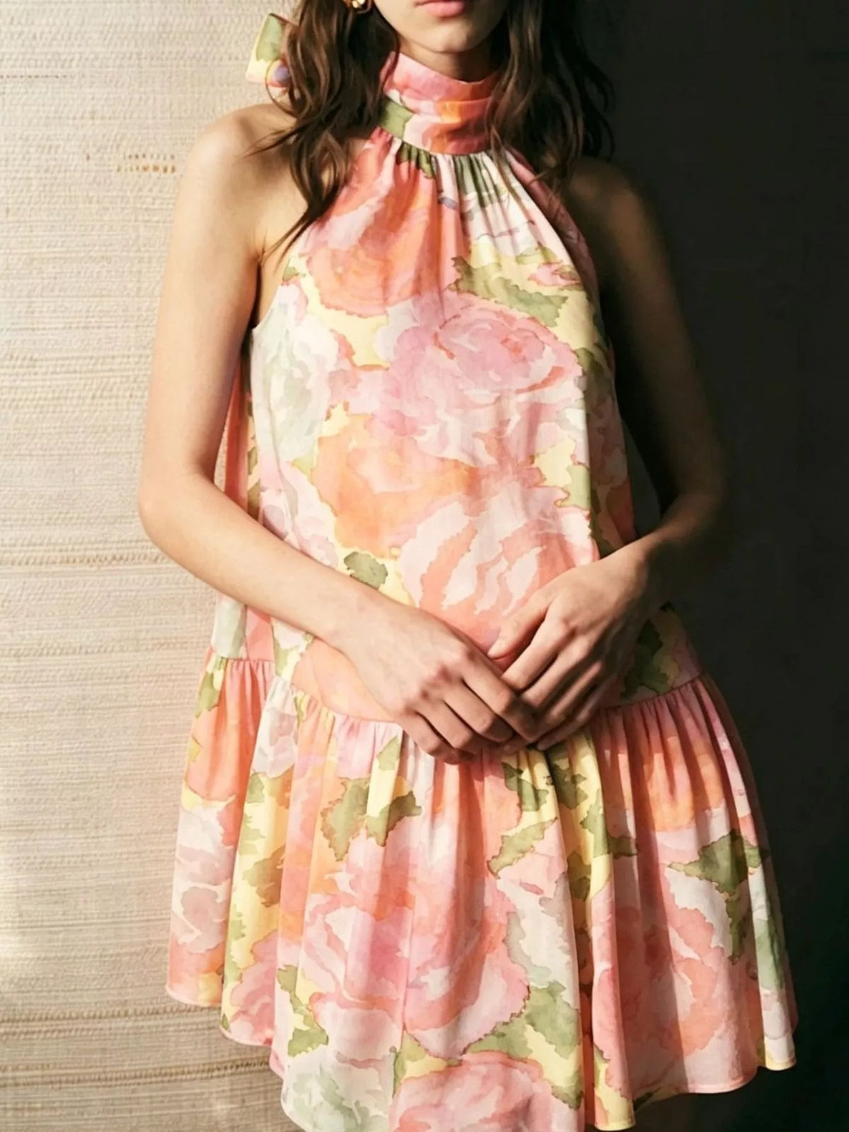 Apricot Floral Print Sleeveless Mini Dress with Bow front detail