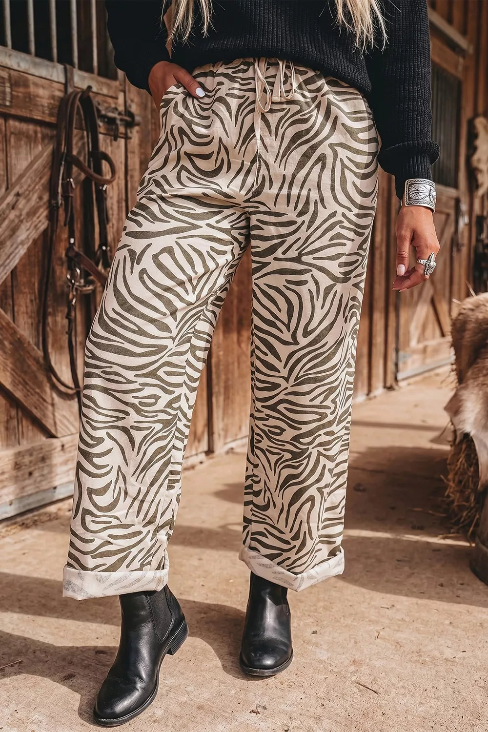 Trendsi Multicolour Western Print Zebra Pattern Elastic Waist Pocket Pants -