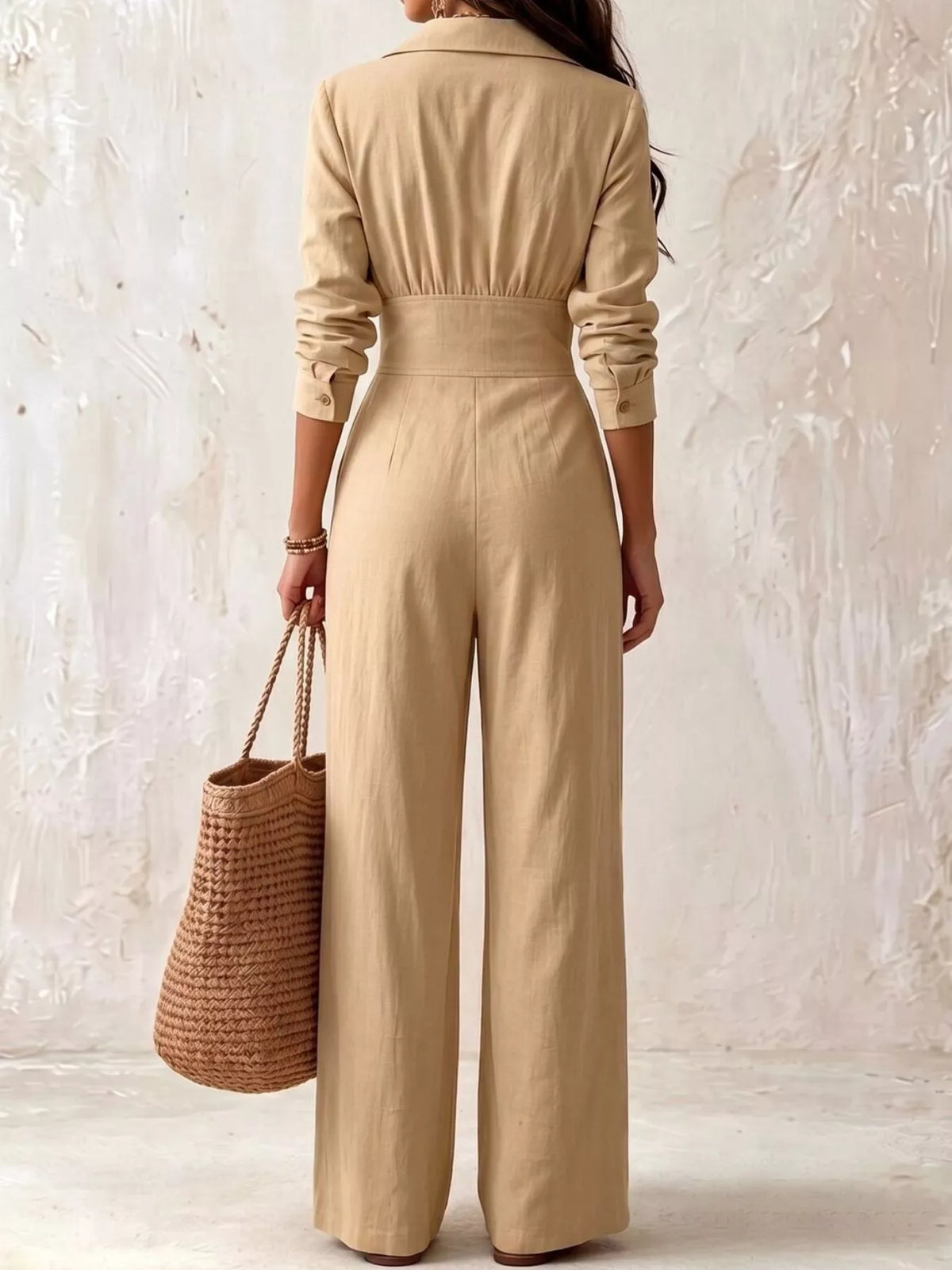 Tan Lapel-Collar Button-Front Wide-Leg Jumpsuit back view