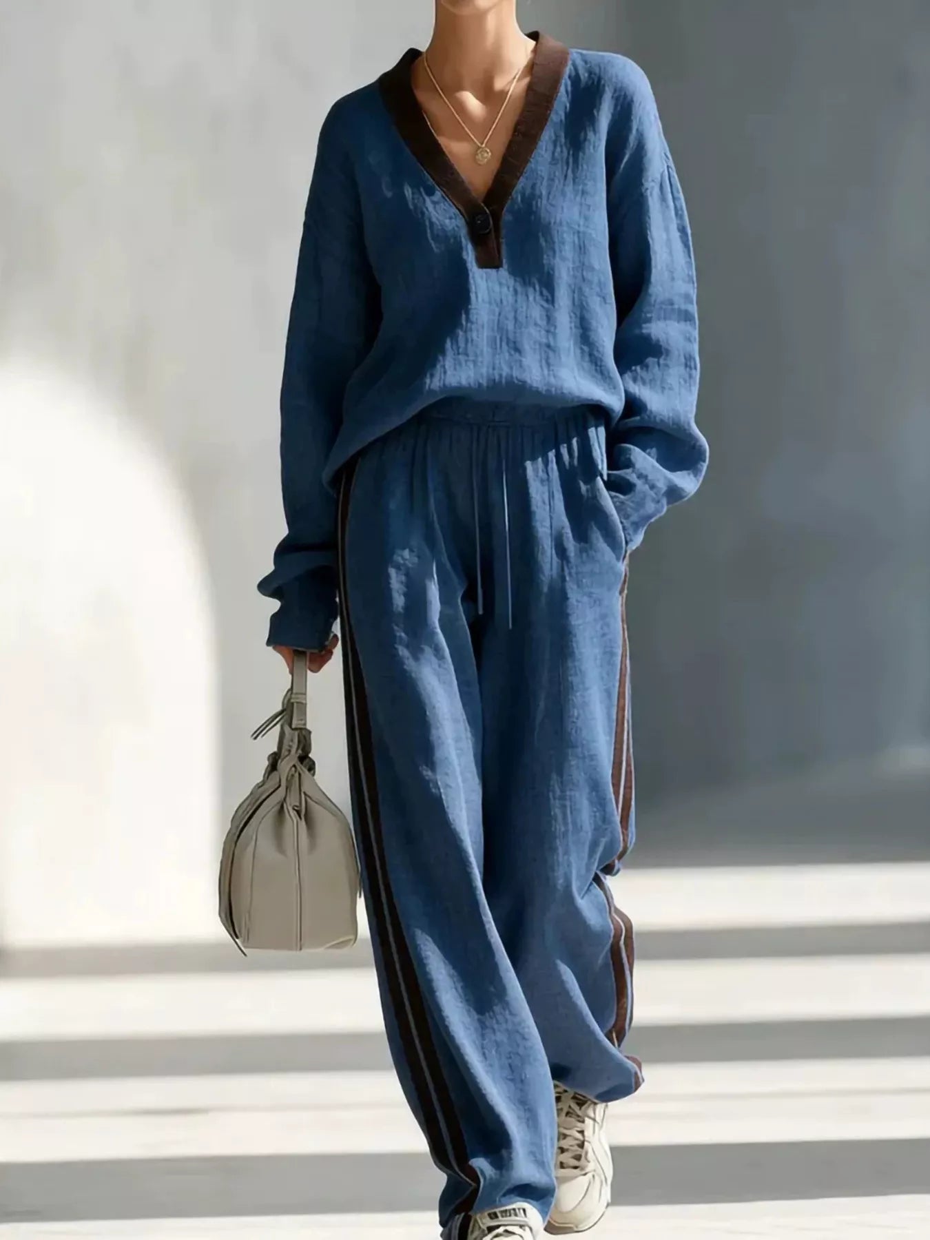 Trendsi Contrast V-Neck Top and Striped Pants Set -