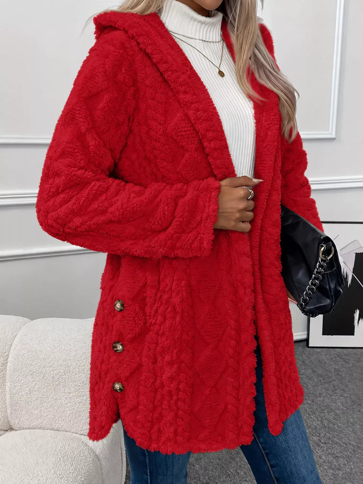 Red cable knit faux fur hooded jacket