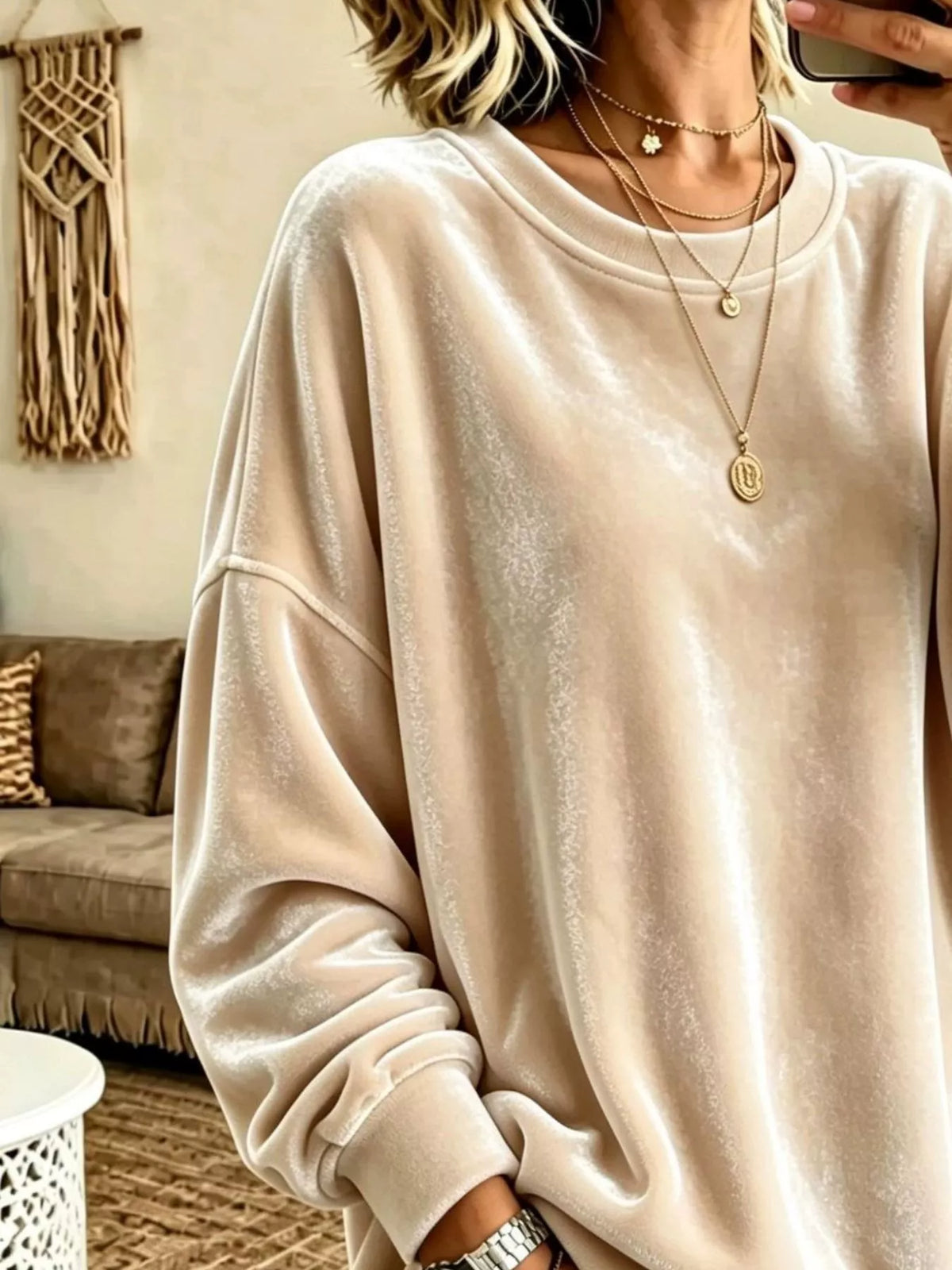 Women's Velvet Dropped Shoulder Crew Neck Sweatshirt in beige — texture detail view