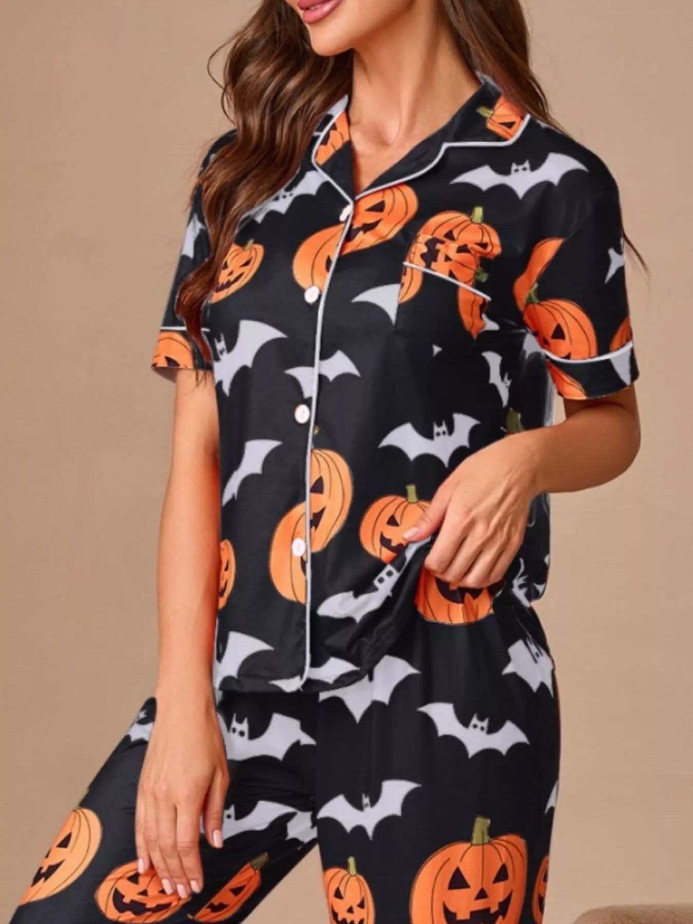 Trendsi Halloween Pumpkin and Bat Print Button-Down Top and Pants Lounge Set -