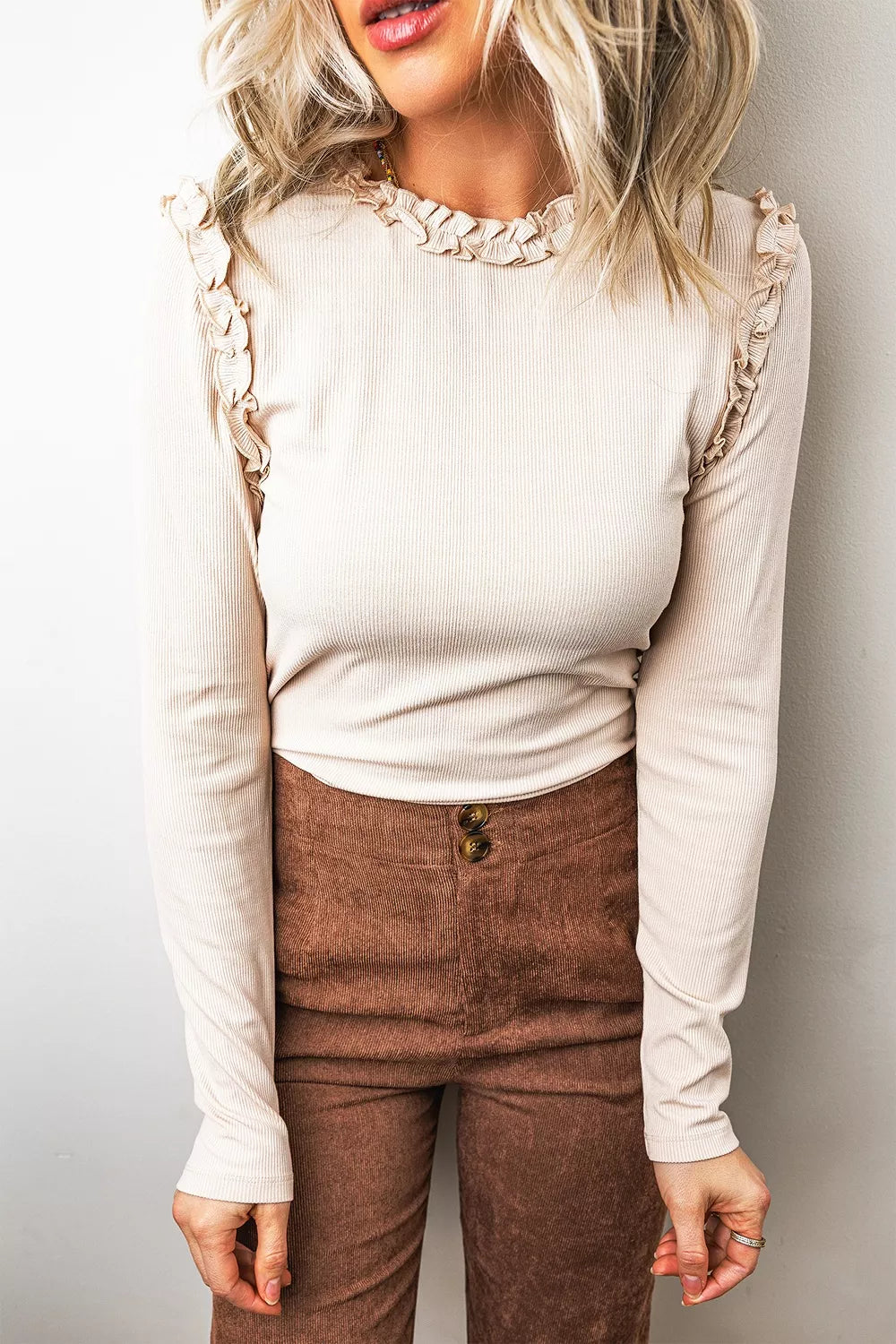 Trendsi Solid Color Round Neck Frill Detail Long Sleeve Top -