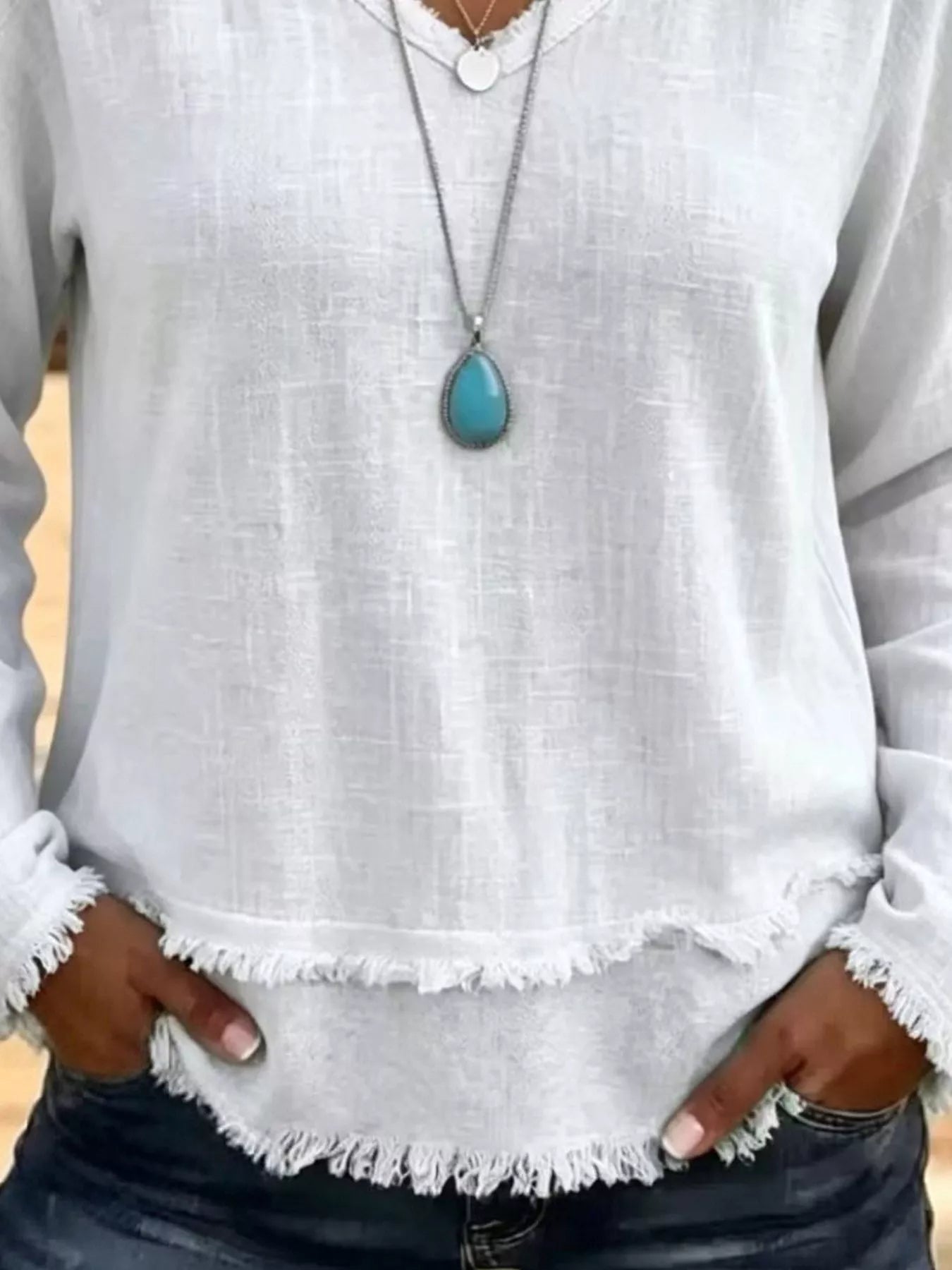 Trendsi V-Neck Frayed Hem Long Sleeve T-Shirt -