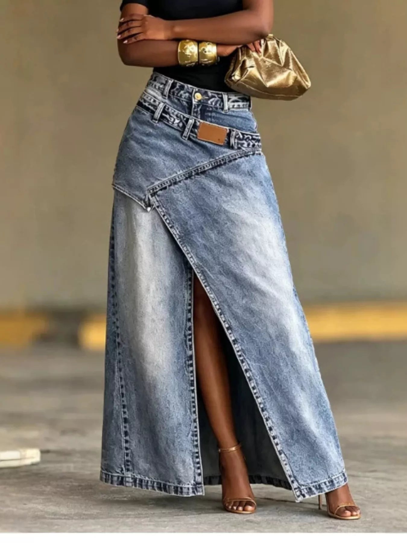 Trendsi High-Waisted Asymmetric Slit Denim Maxi Skirt -