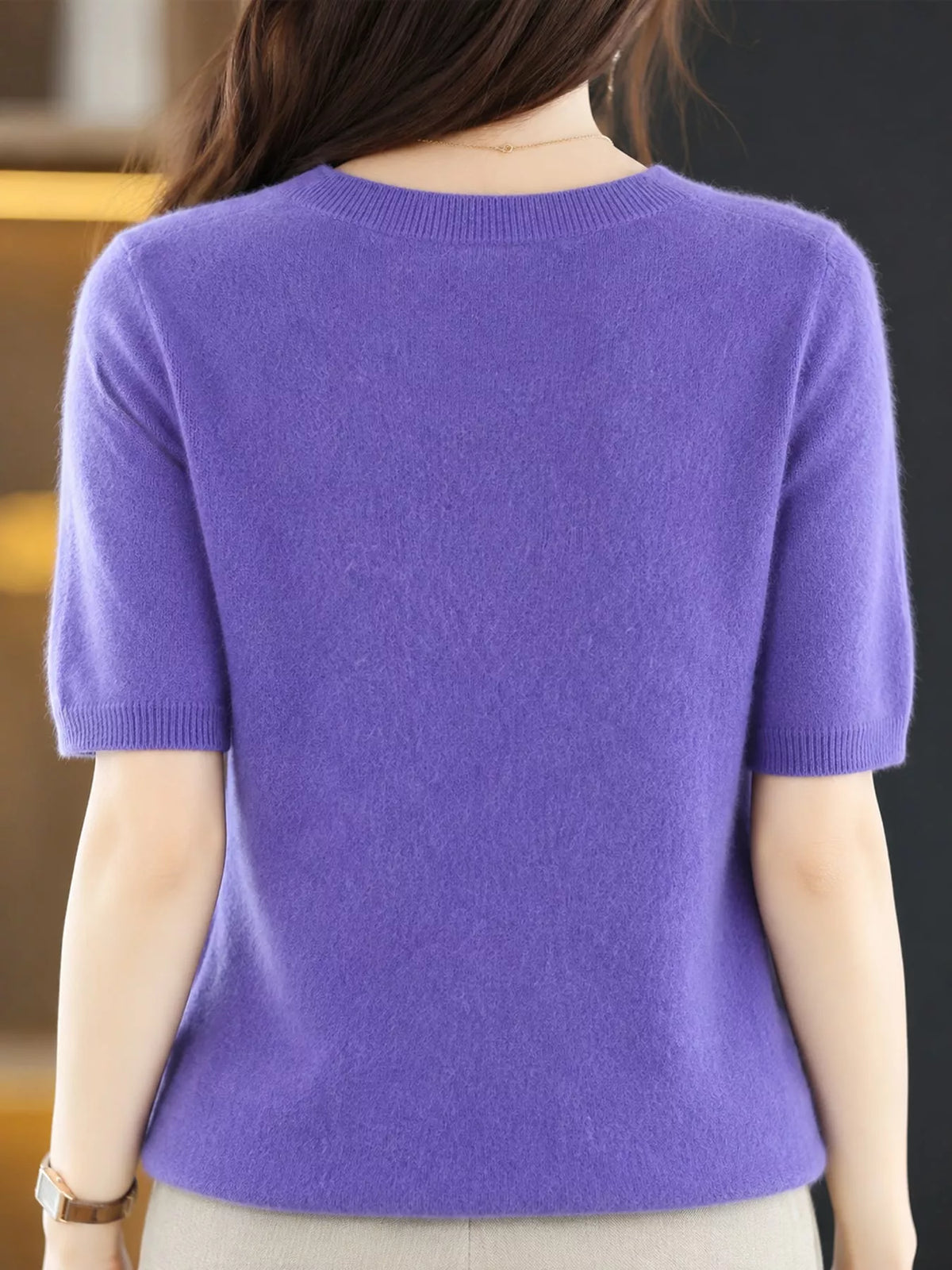 Coffee round neck short-sleeve sweater, back view