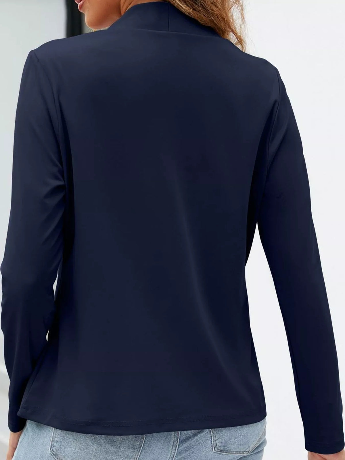 Mandarin neck long sleeve blazer, back view