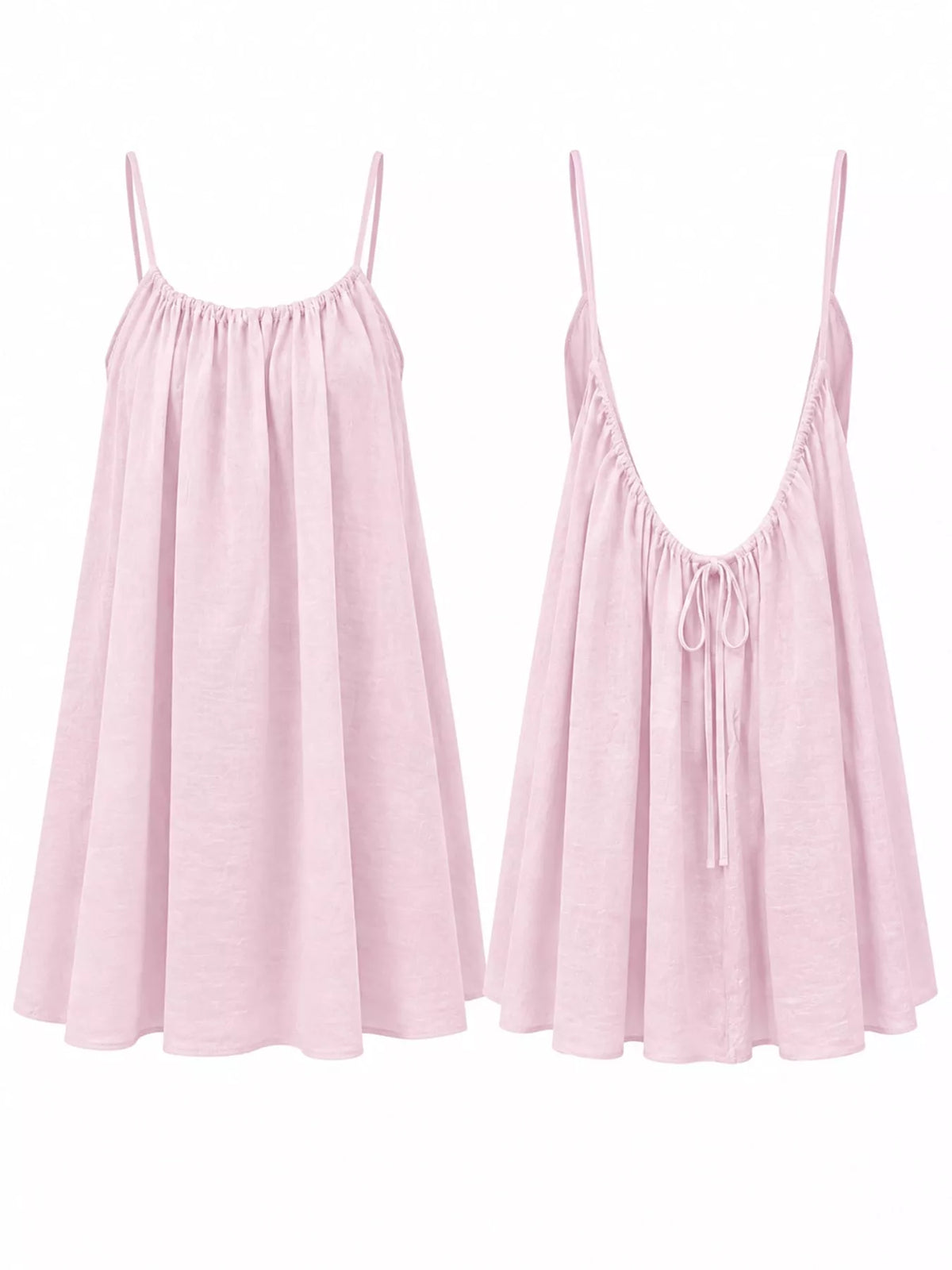 Light pink spaghetti strap A-line mini dress with open tie back, front, back and construction details