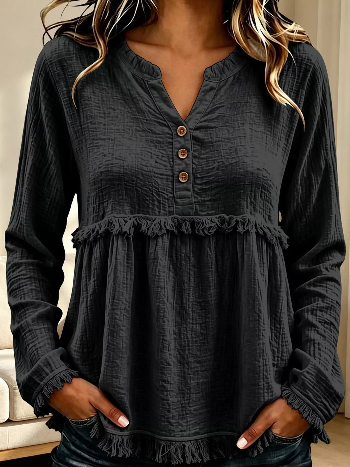 Frayed-hem blouse, black front