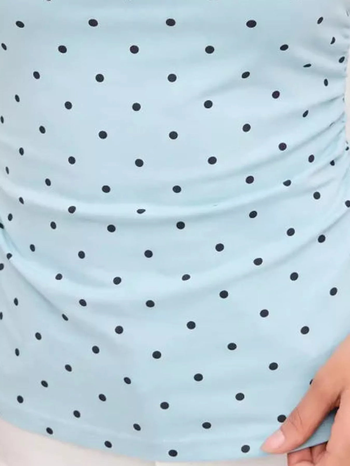 Polka Dot Print Sleeveless Tank Top with Tie Back, detail view in light blue and black