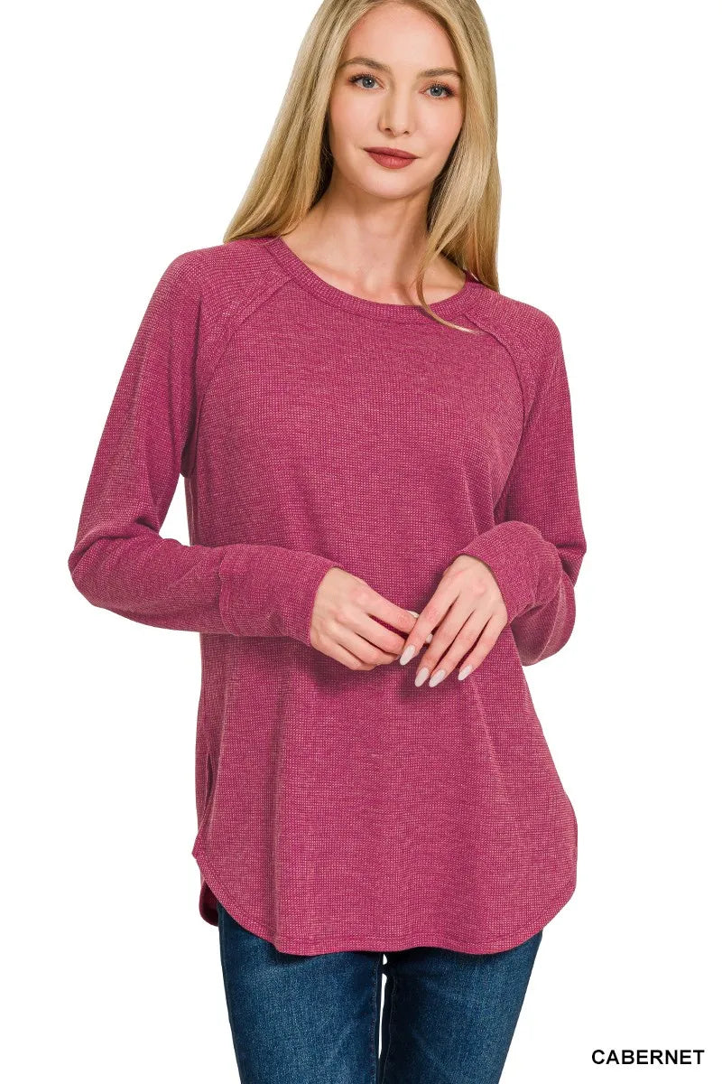 Women's cabernet waffle long-sleeve raglan top with curved hem - product view 4