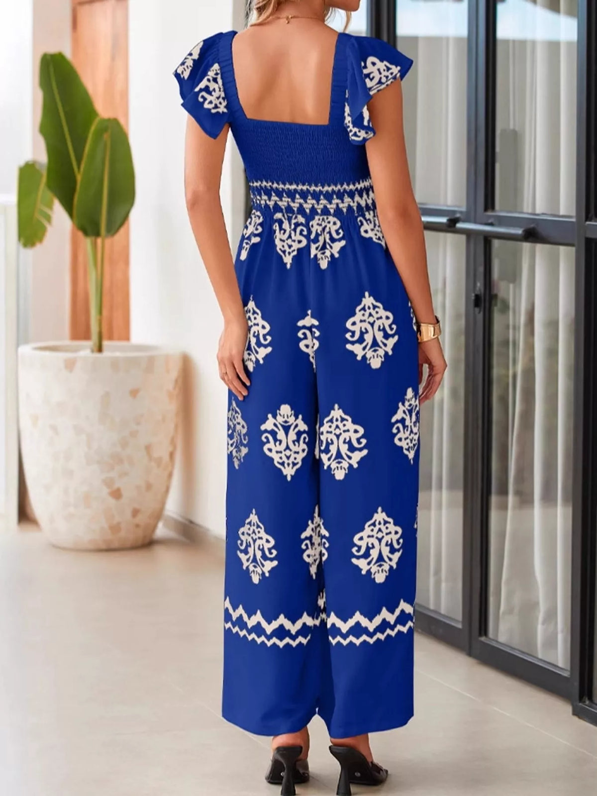 Wide-leg ornamental-print short-sleeve jumpsuit