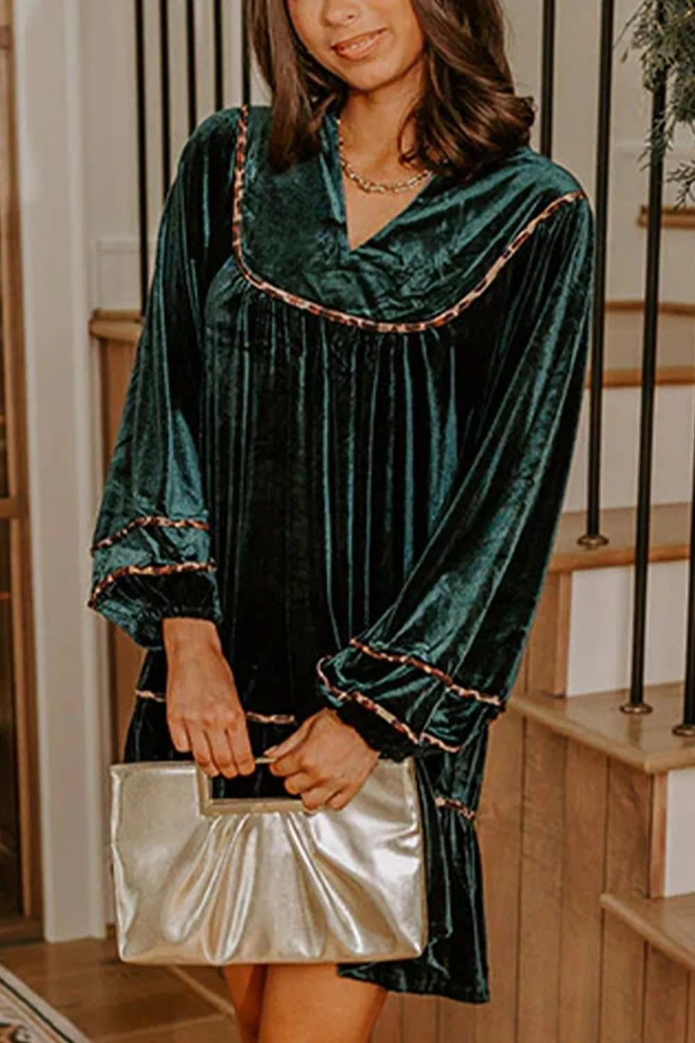 Trendsi Leopard Trim Velvet Long Sleeve Shift Dress -