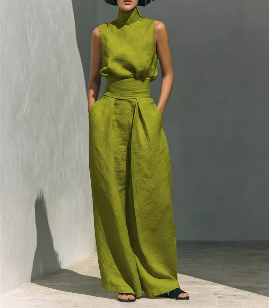 Turtleneck sleeveless top and wide-leg pants set