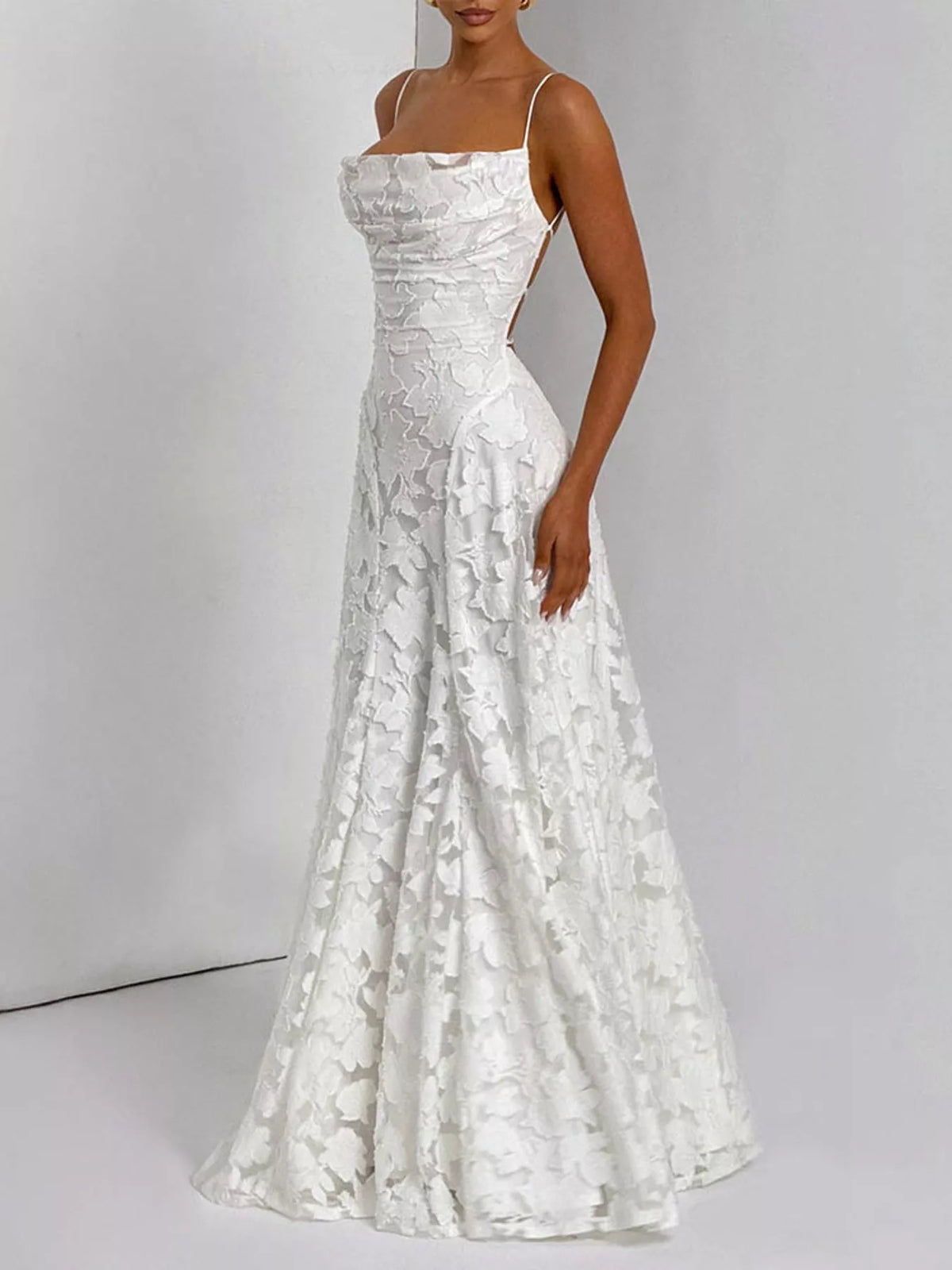 Cowl neck spaghetti-strap maxi dress, front view on model