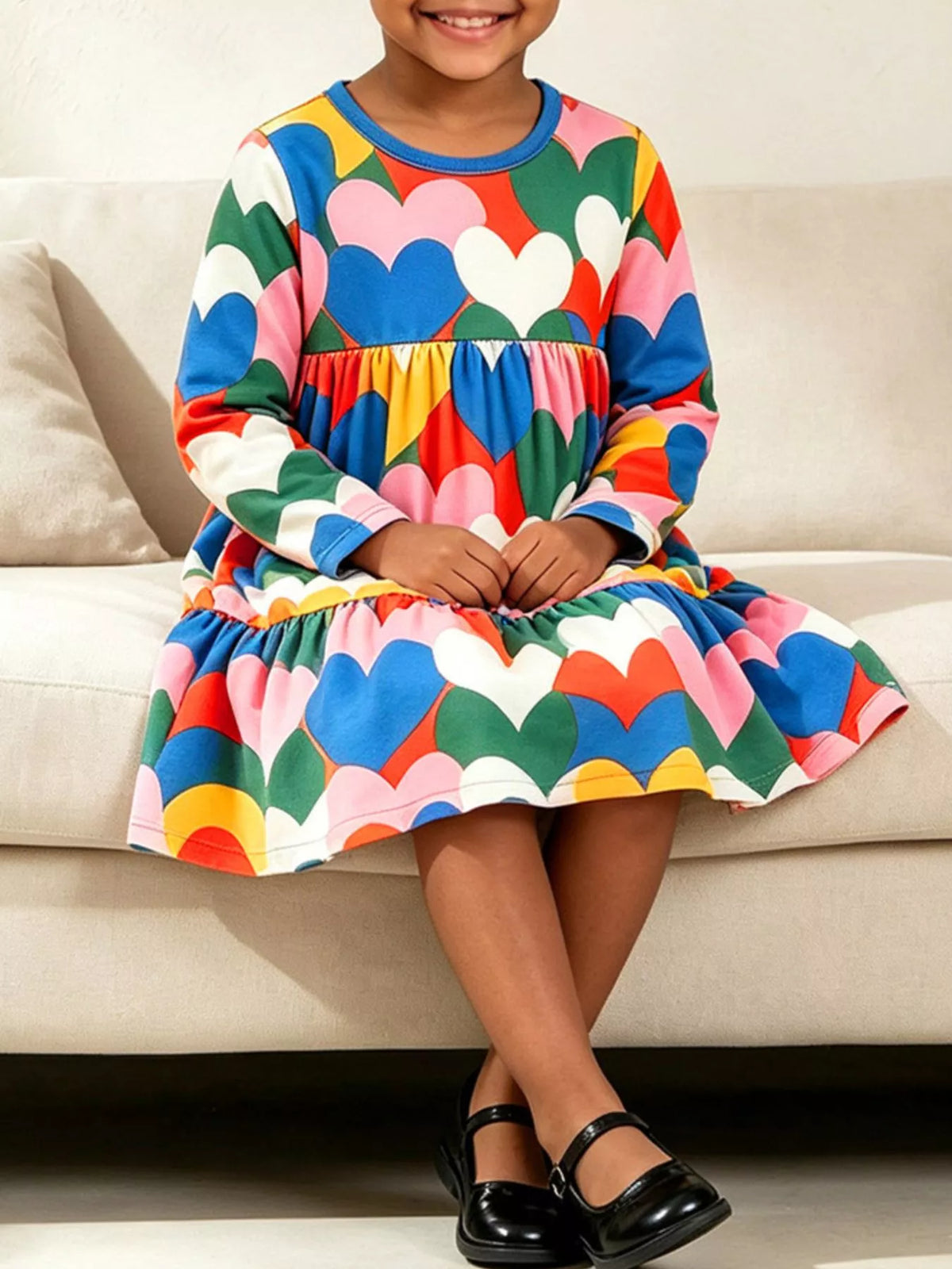 Multicolor children's heart print long sleeve tiered dress