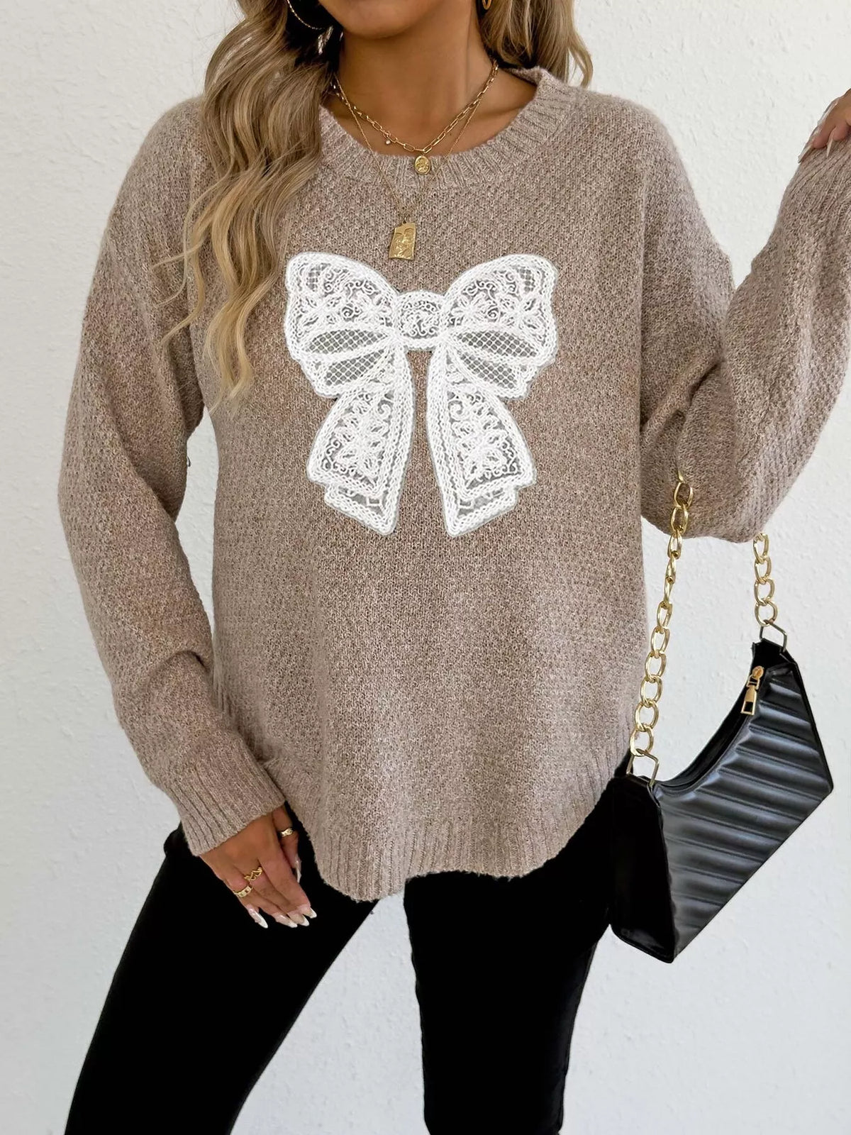 Lace bow embroidered round-neck sweater