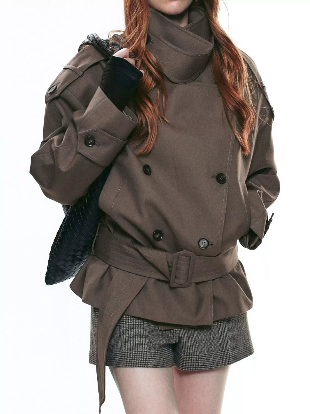Women's Belted Waist Button Up Trench Jacket in brown — front view
