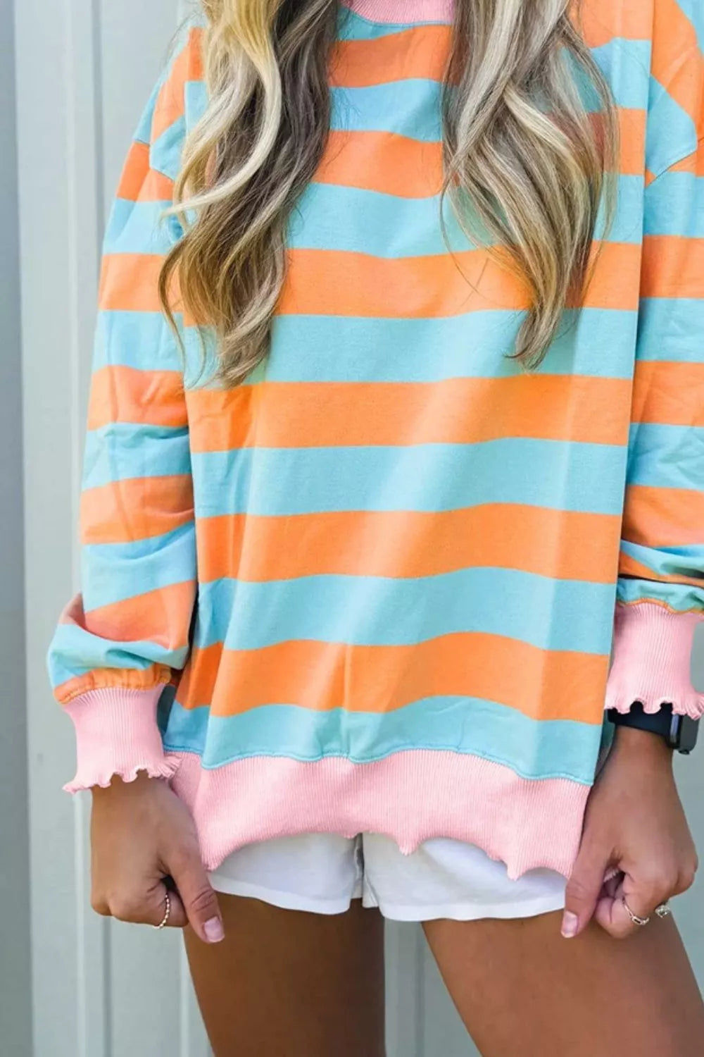 Trendsi Striped Long Sleeve Top with Lettuce-Edge Cuffs -