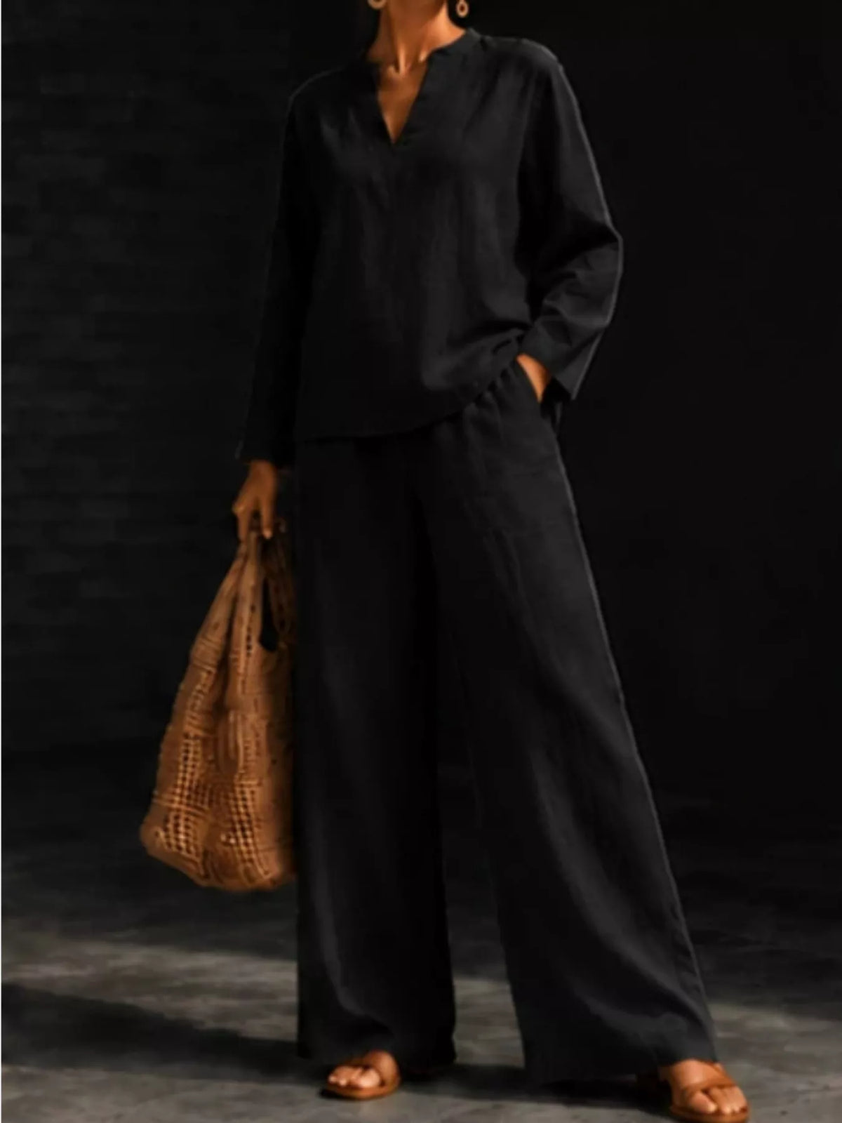 Trendsi Notched Long Sleeve Top and Pants Set -
