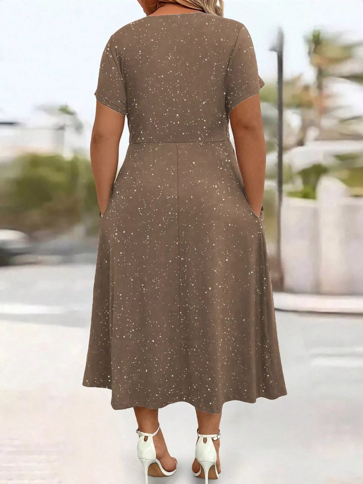 Brown speckled short sleeve midi dress with pockets, back view