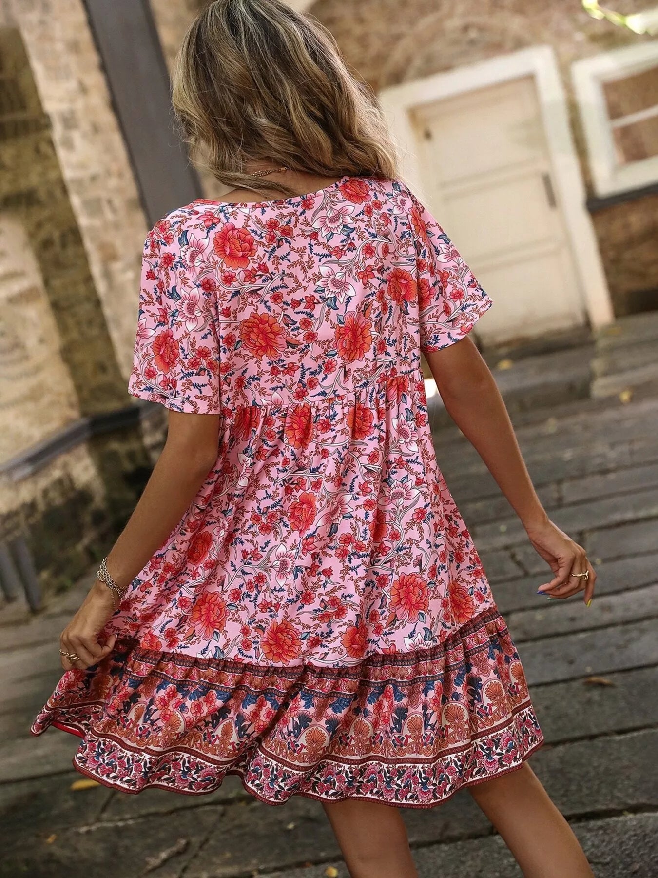 Trendsi Floral Print Tie-Neck Ruffle Hem Mini Dress -