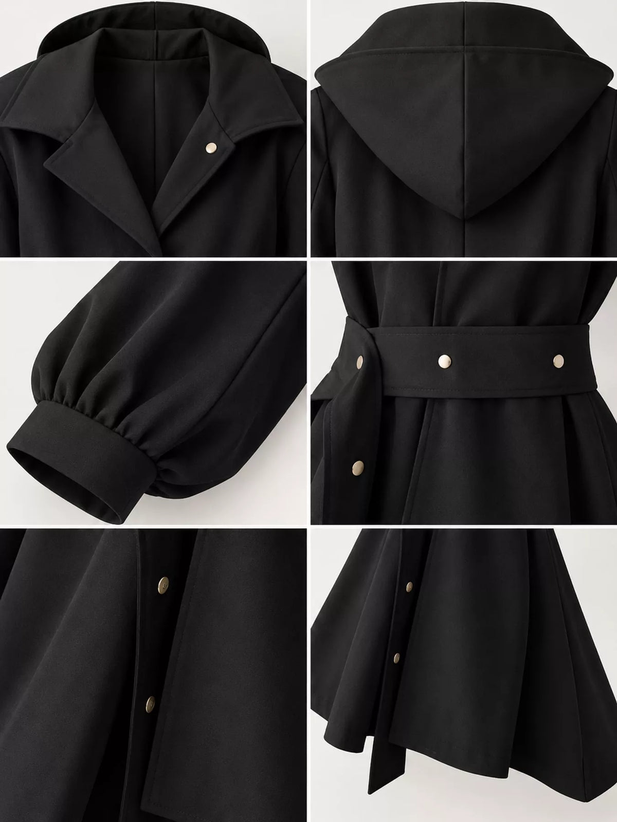 Black lantern sleeve hooded belted jacket