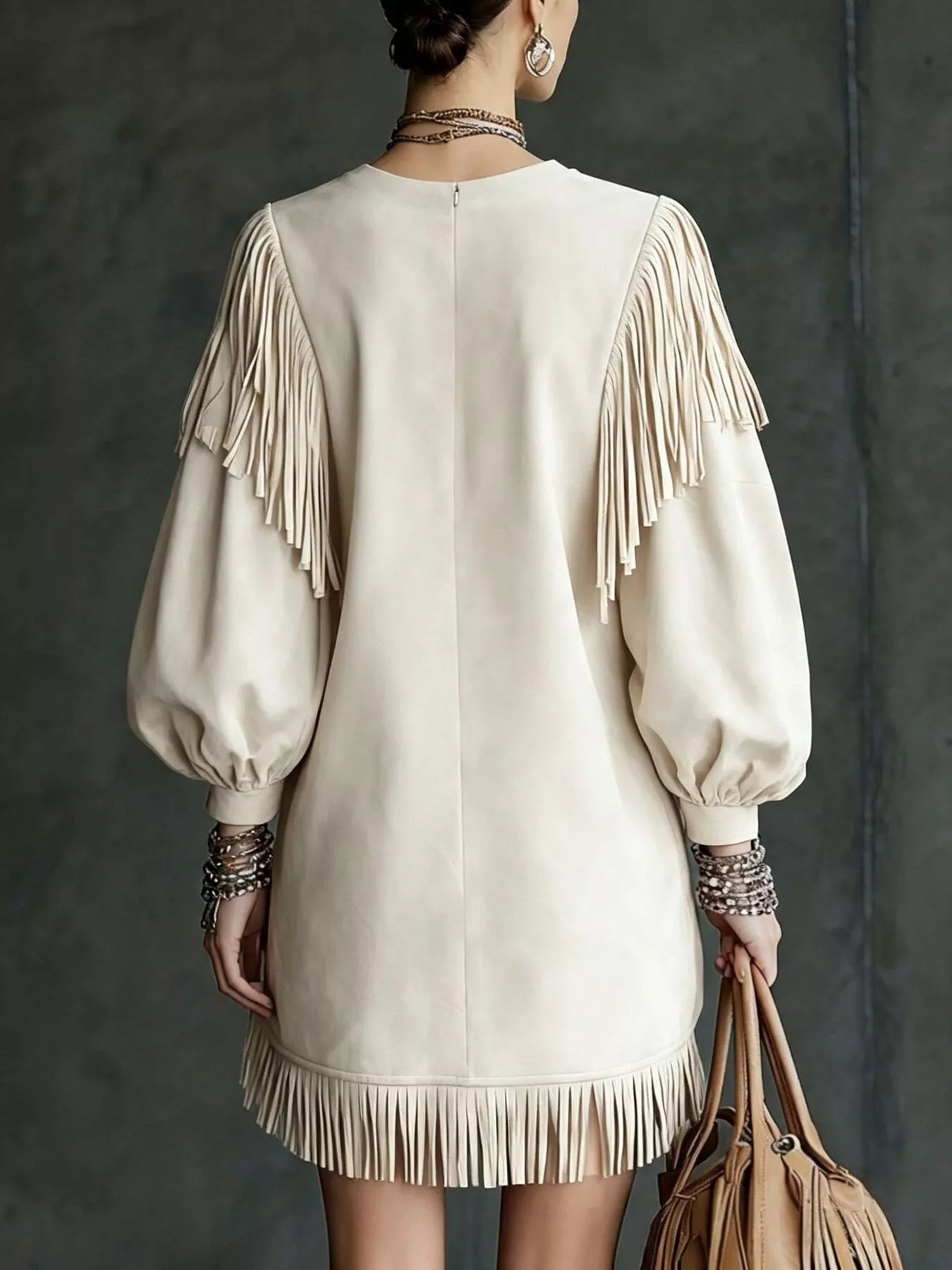Trendsi Fringe Detail Lantern Sleeve Mini Dress -