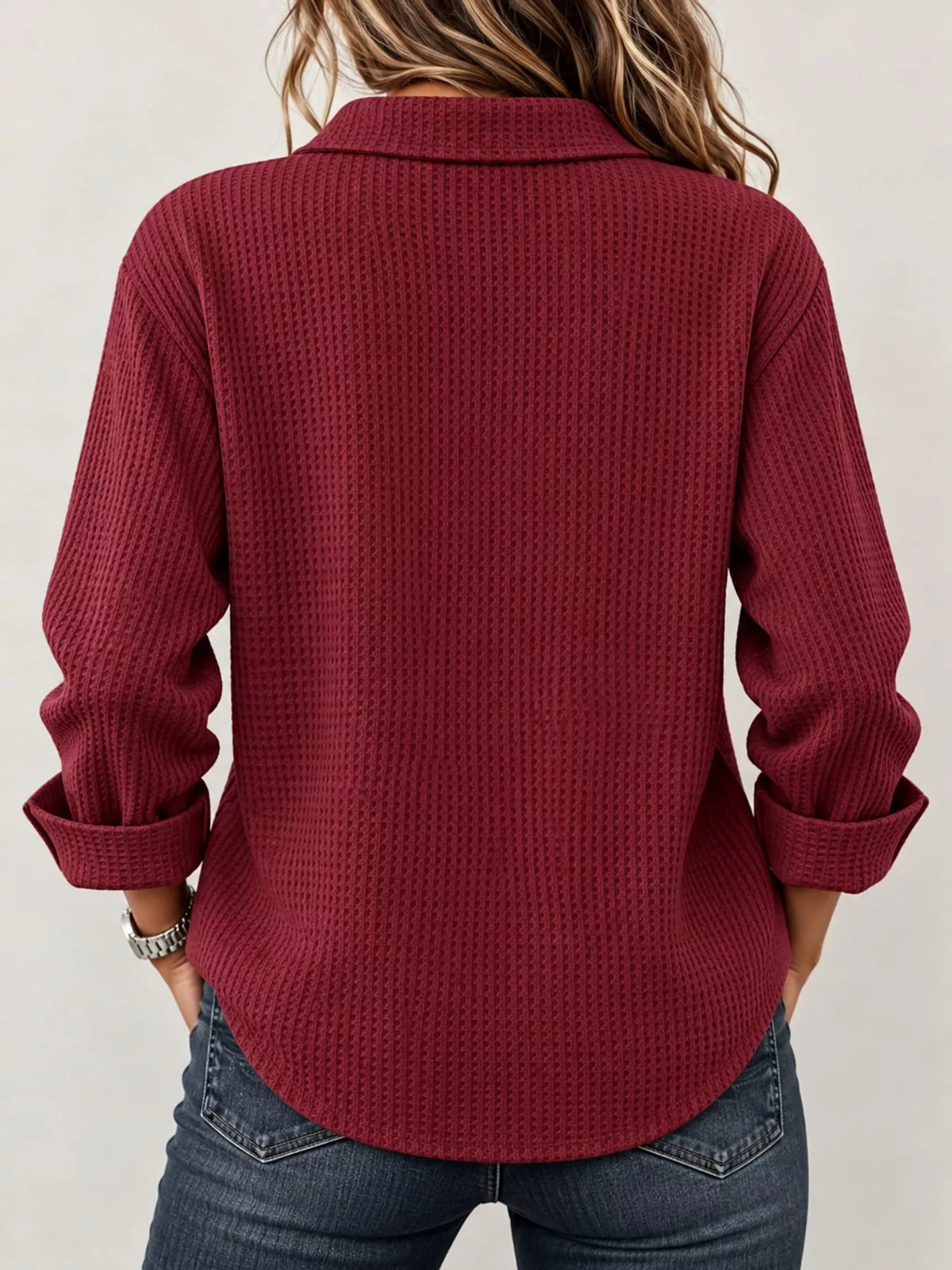 Burgundy waffle knit long sleeve polo top, back view