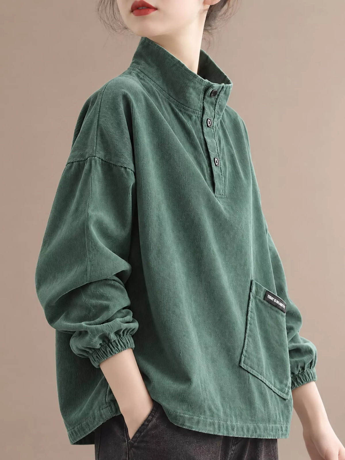 Green-New Arrival-Spring And Fall button detail dropped shoulder sweatshirt