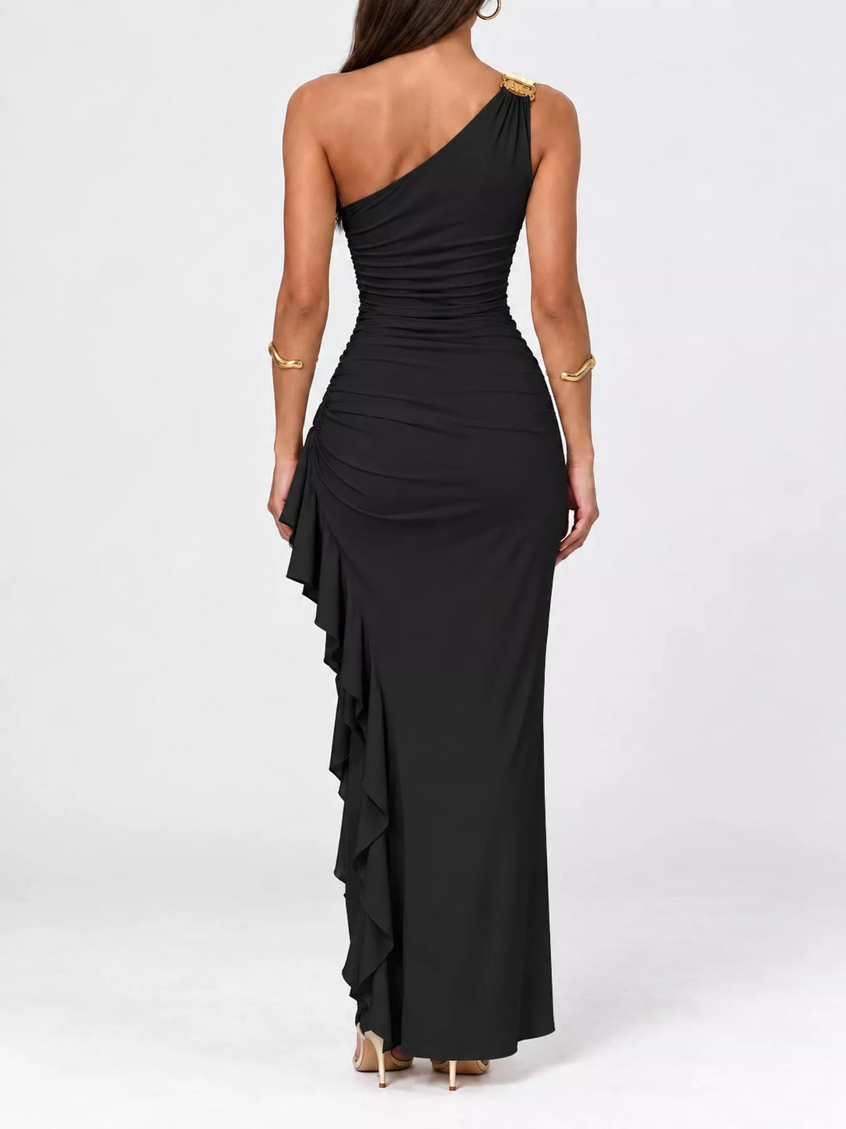Black one shoulder ruched ruffle hem maxi dress, back view