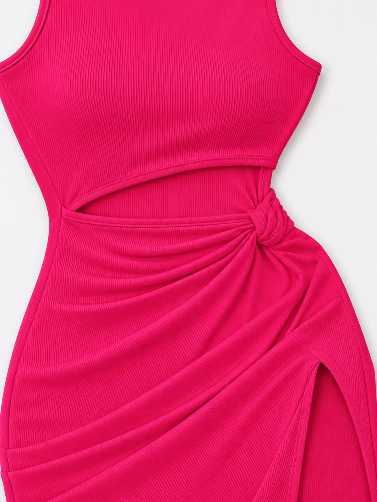 Women's Sleeveless Cut-Out Ruched High-Slit Bodycon Dress in pink — waist detail view