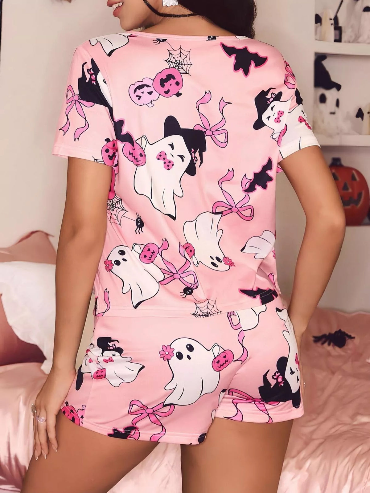 Pink Halloween Print Short Sleeve Top and Shorts Lounge Set alternate view