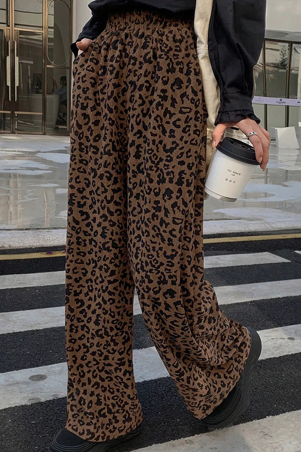 Trendsi Leopard Print Elastic High Waist Loose Corduroy Pants -