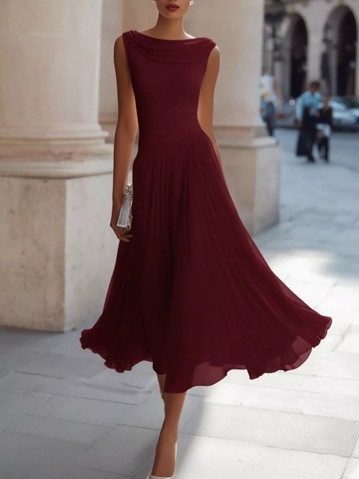 Burgundy sleeveless boat neck midi dress — front view