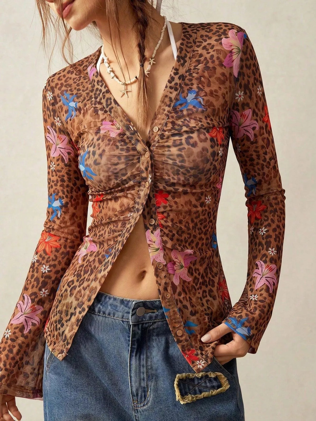 Women's Printed Flare Sleeve Button Down Top in Brown, front view