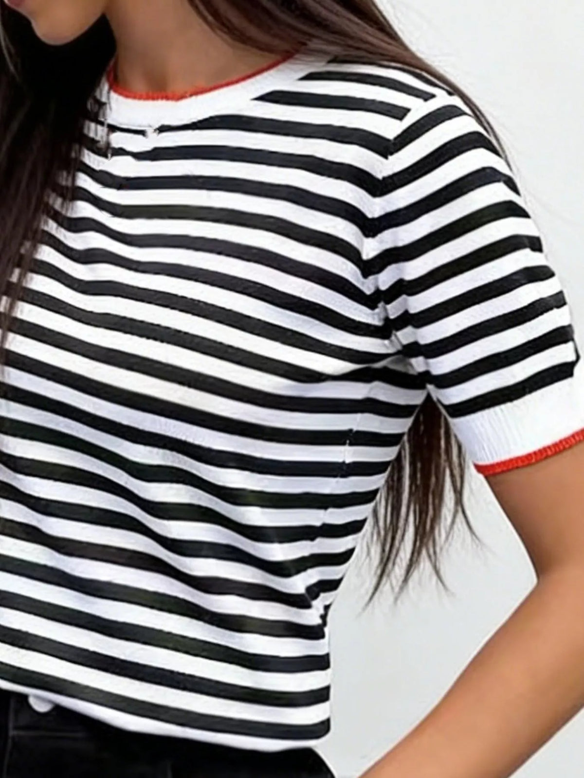 Trendsi Contrast Trim Striped Short Sleeve Knit Top -