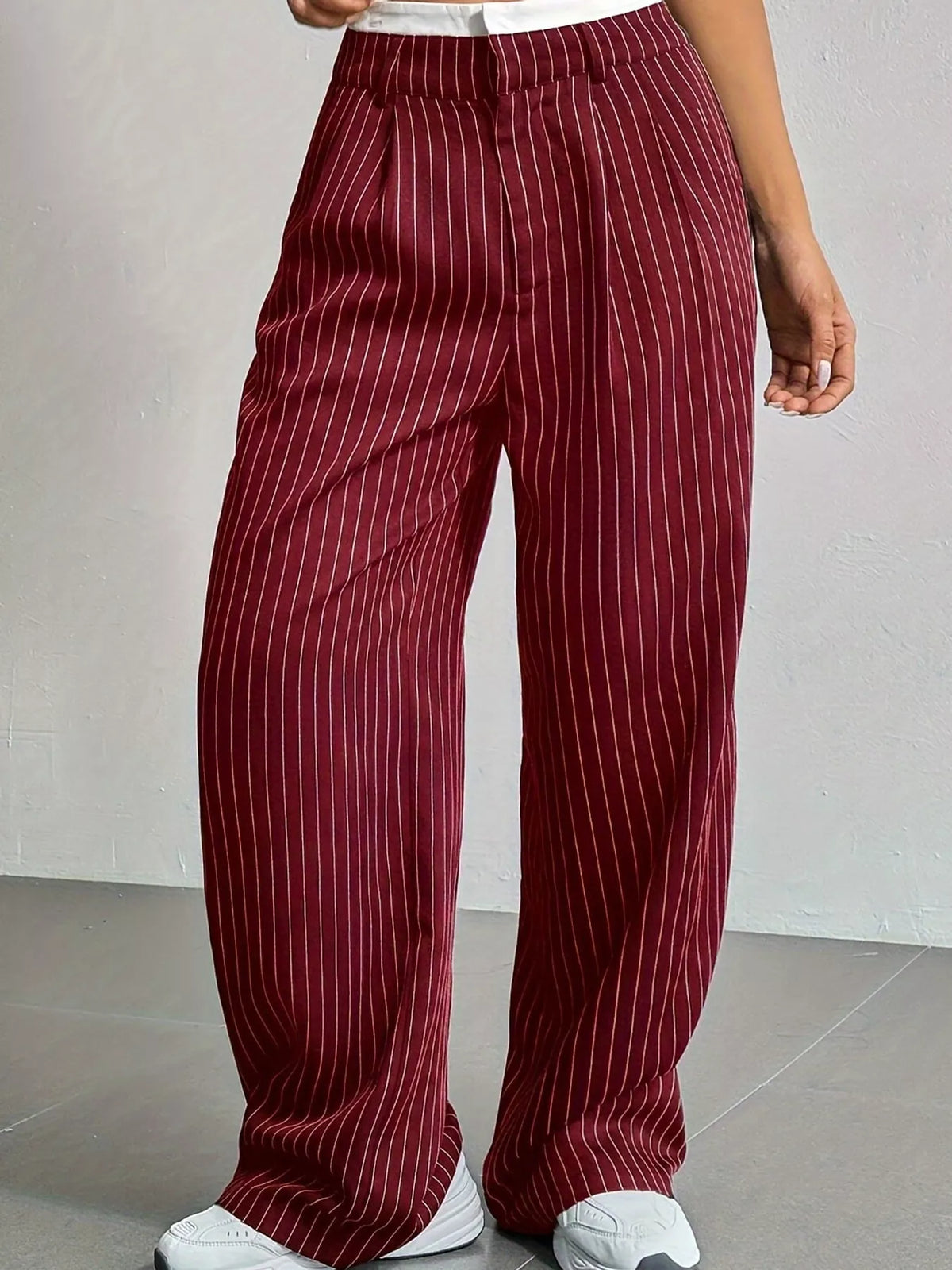 Striped wide-leg pants, burgundy front