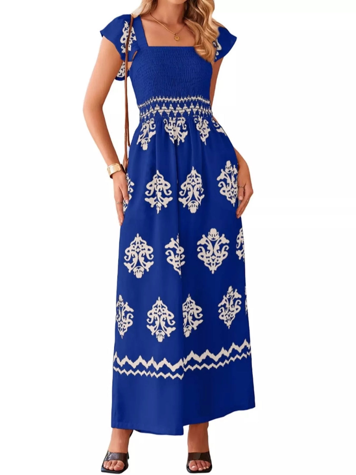 Wide-leg ornamental-print short-sleeve jumpsuit