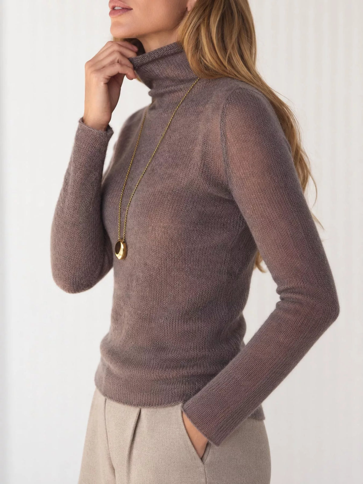 Women's Sheer Turtleneck Knit Top in brown — side view