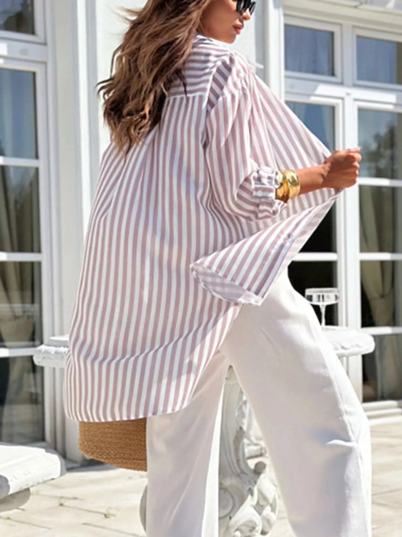 Trendsi Printed Long Sleeve Tie Waist Oversized Shirt -