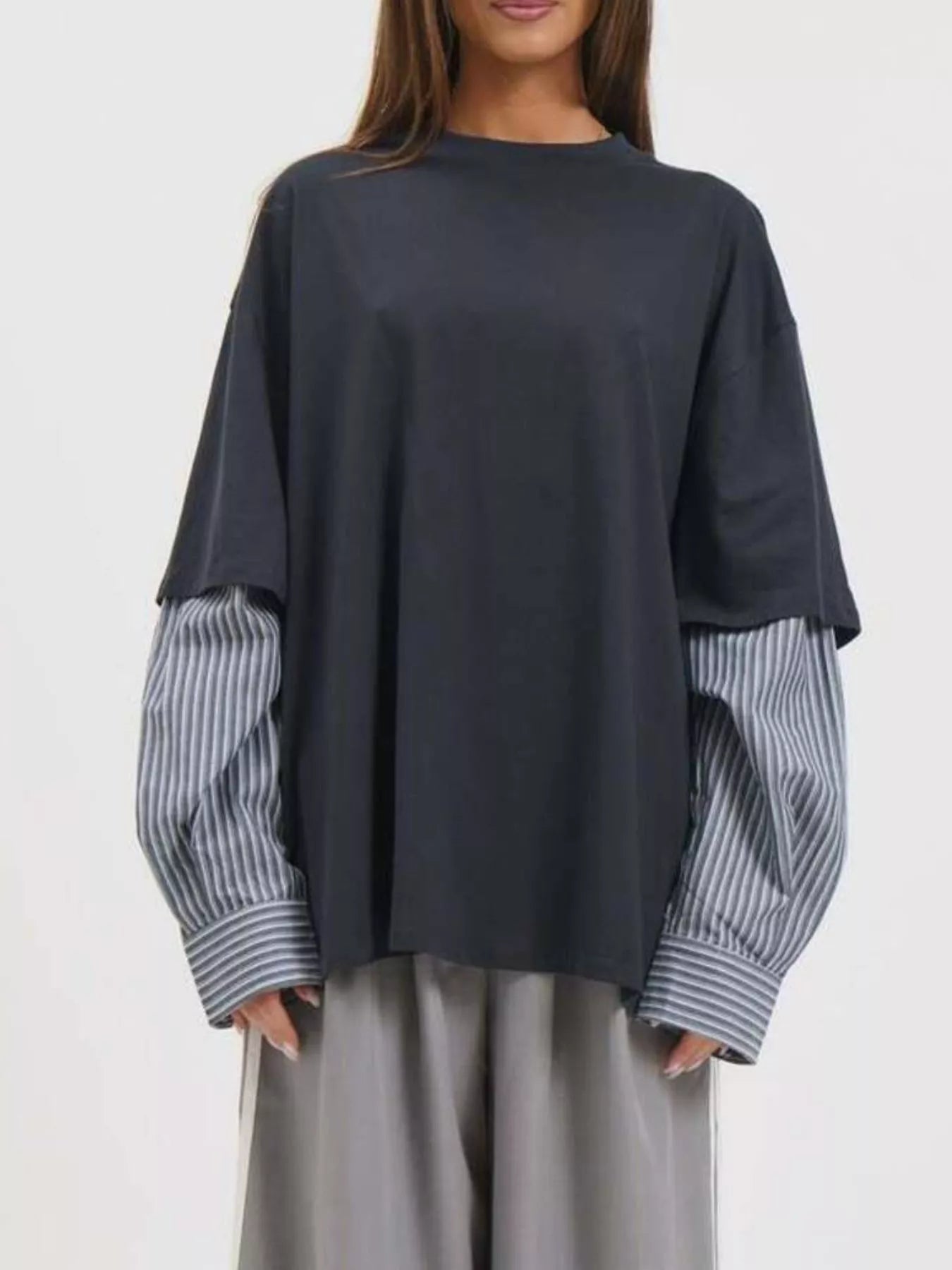 Trendsi Oversized Layered-Look T-Shirt with Striped Sleeves -