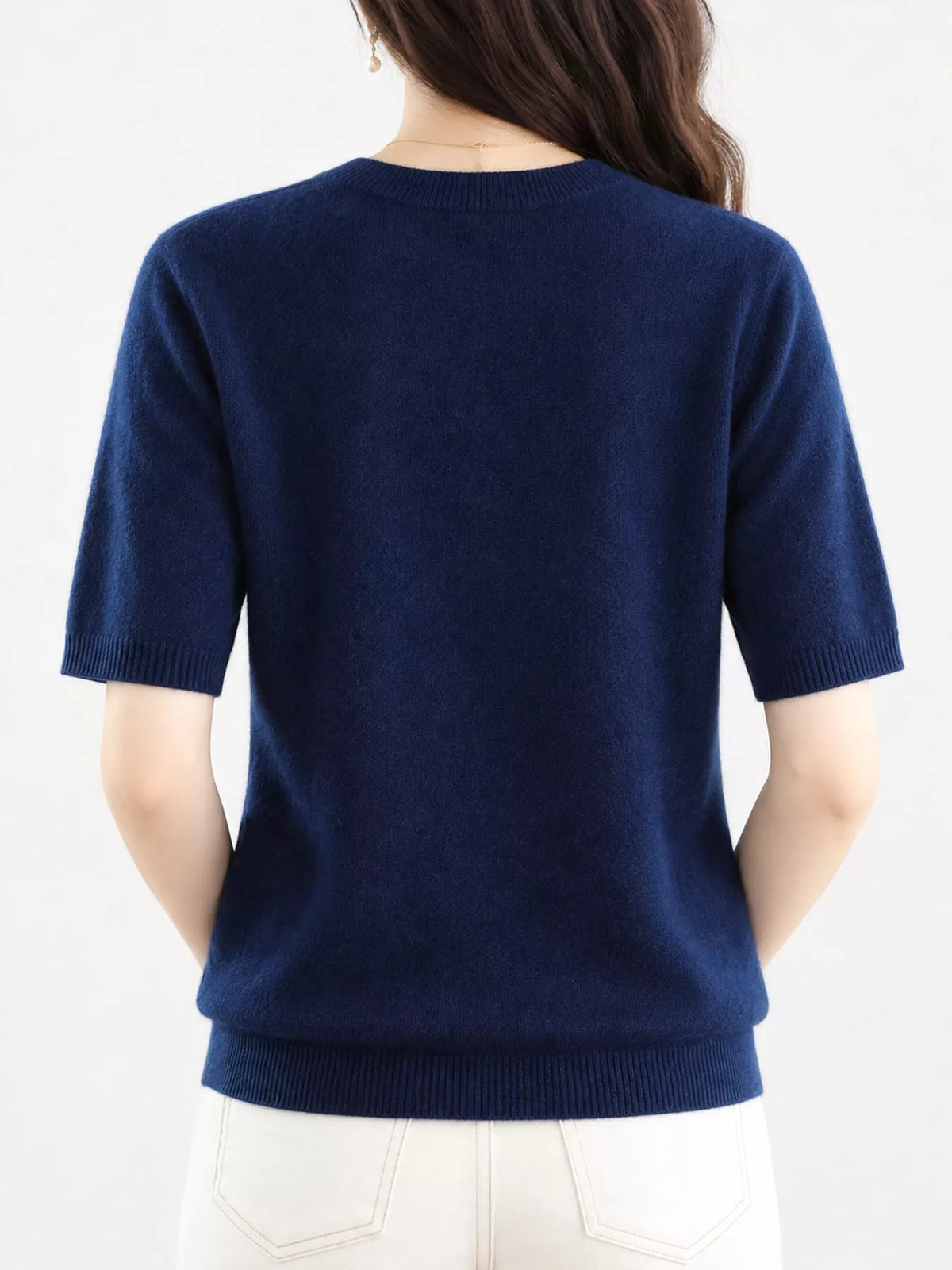 Seaweed Blue round neck short-sleeve sweater, back view
