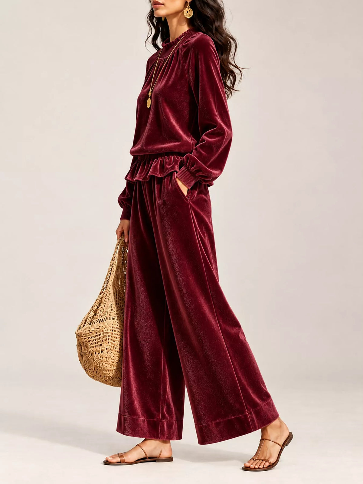 Red velvet ruffled hem top and wide-leg pants set — side view