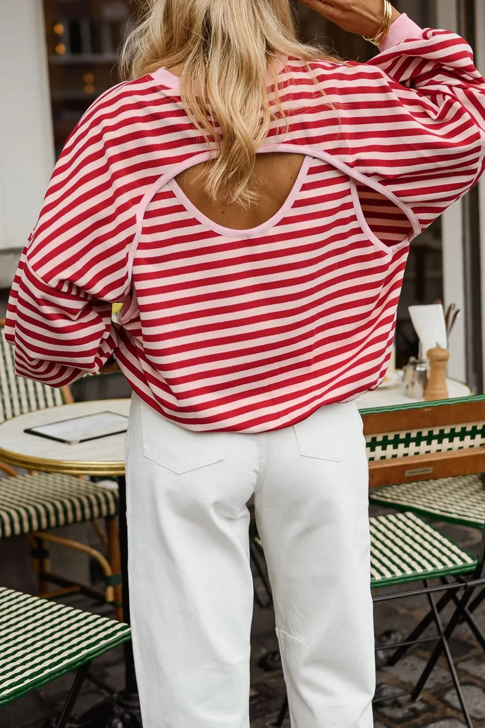 Trendsi Cutout Back Striped Round Neck Sweatshirt -