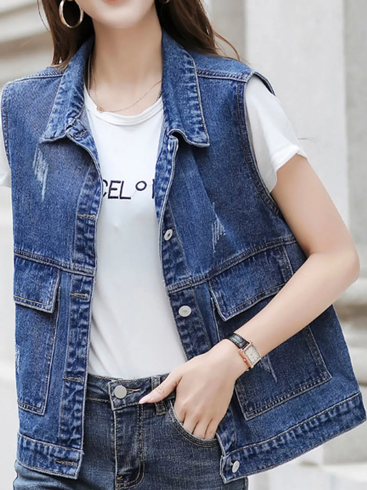 Distressed Washed Denim Vest in blue