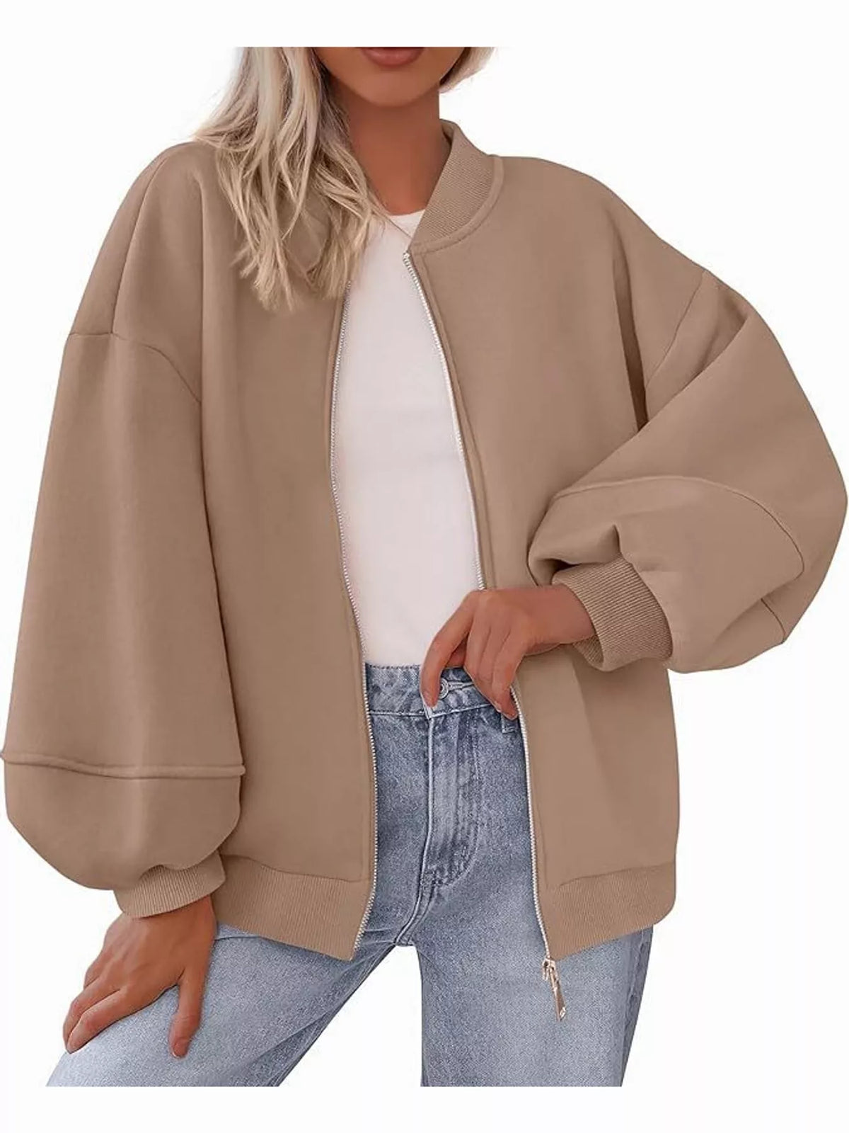 Tan oversized zip-up jacket — front view
