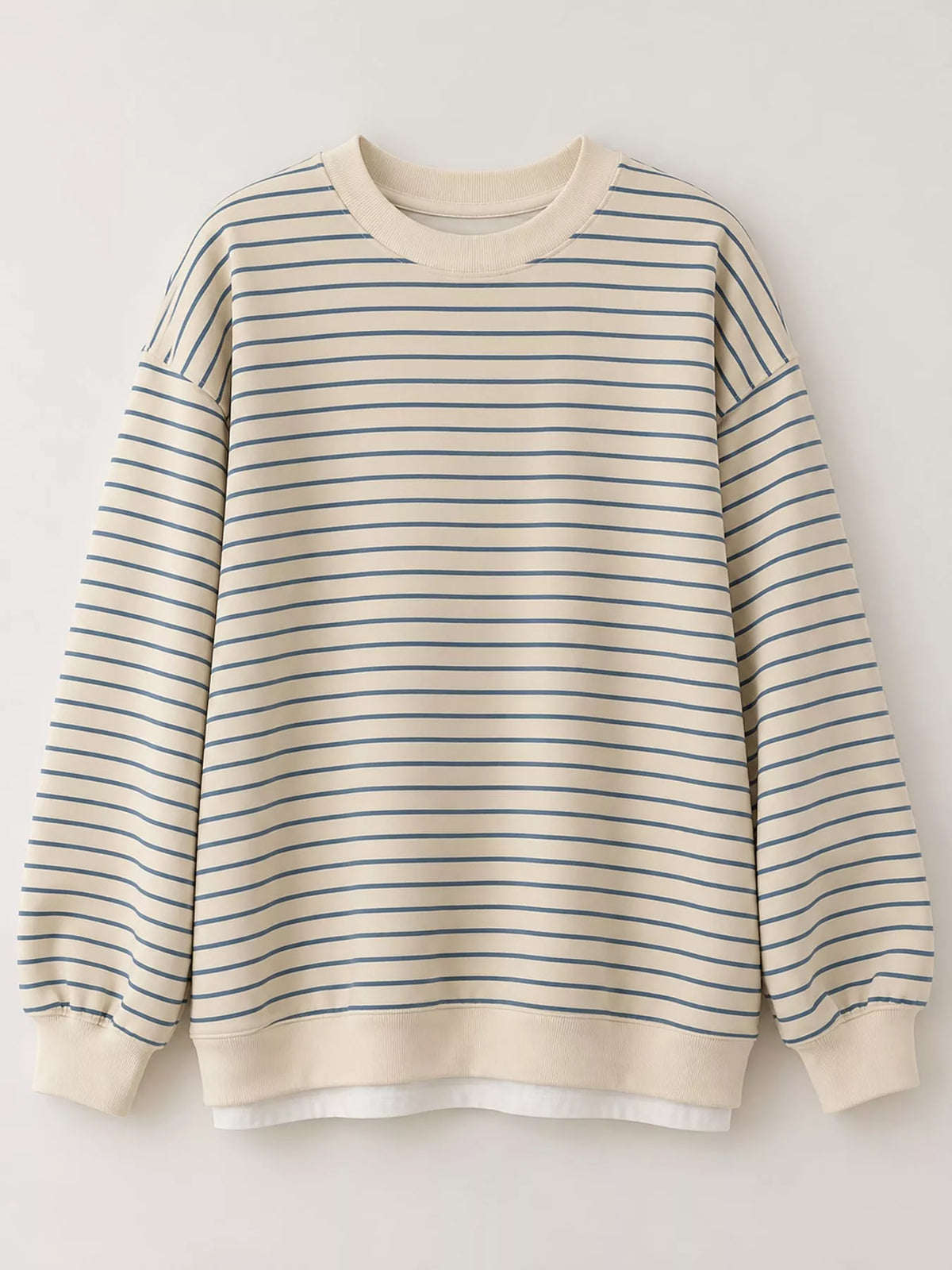 Cream and blue striped long sleeve crewneck t shirt, front view